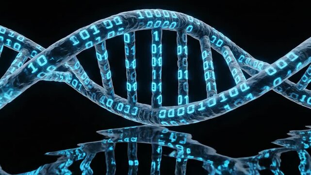 Digital DNA Helix With Binary Code Reflection on Water Surface Dark Background Abstract Futuristic Science Concept