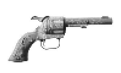 Halftone style illustration of a handgun, suitable for graphic designs related to crime, security, or vintage aesthetics. Vector artwork with detailed dot texture.