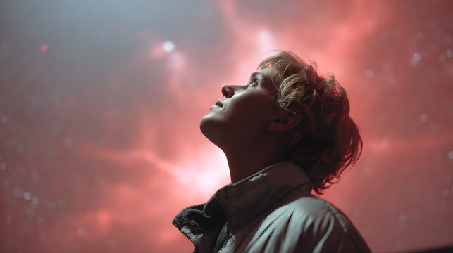 Young person looking up at a vibrant red nebula with stars in the night sky