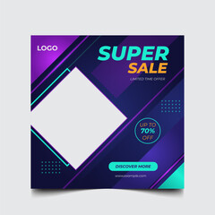 Modern Square Social Media Post Vector Template for Retail Super Sale featuring Deep Purple and Teal Geometric Overlays with Diamond Photo Frame for Limited Time Offer Promotion.