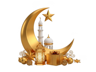 Golden crescent with mosque and star isolated on transparent background