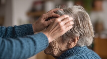 Medium view of a helper aiding an elderly individual with grooming emphasizing focused hands brushing hair with a blurred home background.