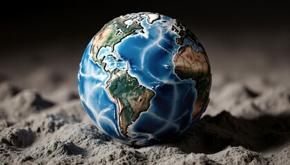 Detailed Close-Up of a Globe on a Rough Sandy Surface at Night