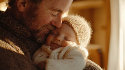Grandfather lovingly holds his smiling baby grandchild, both wearing cozy knitwear, in warm, sunlit room. tender moment captures sense of joy and connection