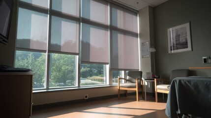 Fototapeta premium Medium shot of blackout shades drawn in a sensoryfriendly mental health room dimming natural light and fostering a serene atmosphere tailored for sensorysensitive patients.
