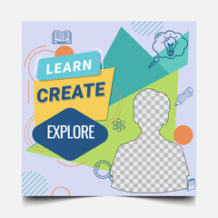 Educational Vector Social Media Template for Kids Learning and Creative Schools featuring Playful Geometric Shapes, Hand-Drawn Icons, and Light Blue Background for Education Programs