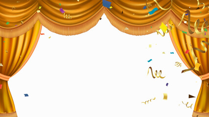 Golden theater curtains with falling confetti and streamers on white background Luxury stage banner for grand opening award ceremony or celebration event  Premium vector illustration