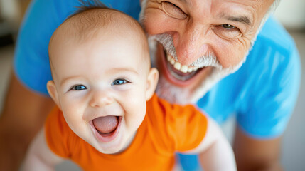 Joyful grandfather and baby smiling together, capturing moment of happiness and connection. grandfather joyful expression and baby laughter create heartwarming scene