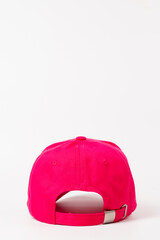 Back view of pink baseball cap with buckle on white background