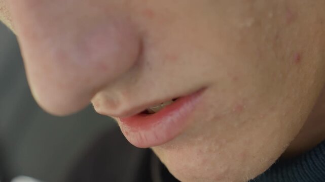 caucasian man closeup speaking lips, subtle whisper and breath, visible skin texture and blemishes, pensive expression and jawline profile, actor delivering quiet confession, intimate cinematic mood,