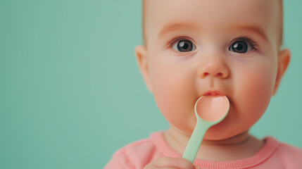 Baby in pink outfit holds spoon for first time, with curious expression against soft green background
