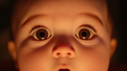 Close up of baby face with wide eyes reflecting vibrant colors, expressing wonder and curiosity. image captures innocence and fascination of childhood
