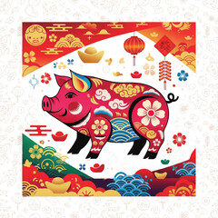 Obraz premium Colorful Lunar New Year Pig Illustration with Lanterns and Gold Accents.