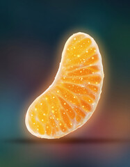 Radiant tangerine segment with glowing citrus pulp and smooth translucent skin scattering uplifting freshness against dark abstract background showing juicy sweet fruit slice theme