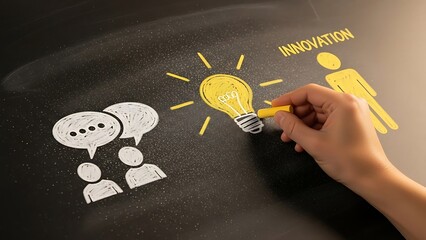 Chalkboard illustration depicting collaborative brainstorming and communication leading to innovative ideas and strategic development