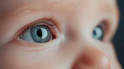 Close up of baby eyes reflecting vibrant colors, showcasing innocence and curiosity. macro shot highlights intricate details of eyelashes and skin texture