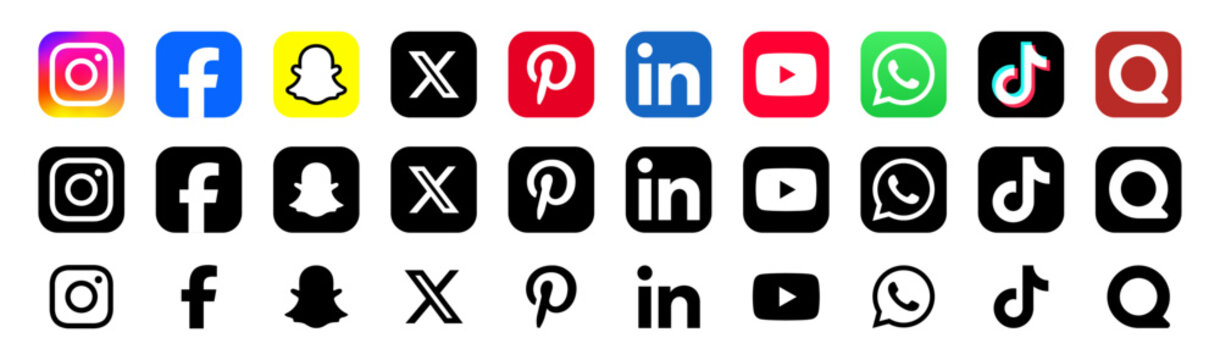 social media icon set or social network logos , whatsapp, linkedin, x, youtube, pinterest, snapchat, tiktok, facebook, instagram, quora, logo, vector icons. social media, networking apps