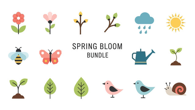 Spring Bloom Bundle Icons Featuring Flowers and Insects.