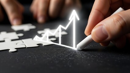Drawing a growing upward trend graph with chalk on a dark surface with a jigsaw puzzle in the background symbolizing business growth and strategy