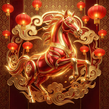 Golden Chinese Horse standing proudly amid red lanterns and decorative clouds, symbolizing strength, success, vitality, and good fortune &ndash; Chinese New Year Festive Illustration.
