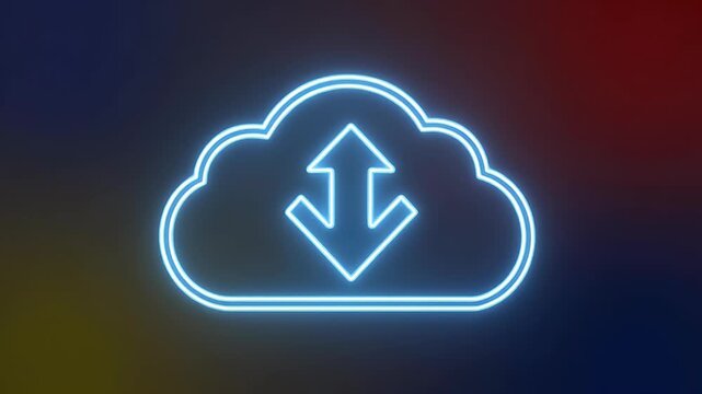 Neon blue cloud icon with up and down arrows symbolizing data transfer and cloud computing.