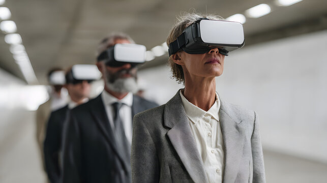 Diverse business professionals in VR headsets experiencing virtual reality technology together - Powered by Adobe