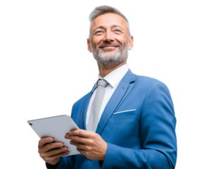 Mature businessman holding tablet, looking up, isolated on white background, png