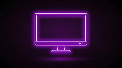 A vibrant neon illustration depicts a modern computer monitor with a glowing purple outline on a black background