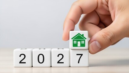 A hand places a cube with a green house icon on top of a cube forming the year 2027, symbolizing future housing plans.