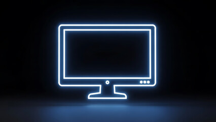 A glowing neon blue outline of a modern flat screen computer monitor on a dark reflective surface
