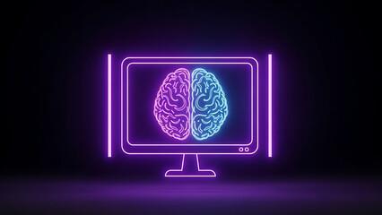 A glowing digital display presents a neon brain illustration showcasing the intersection of technology and neurological processes in a futuristic