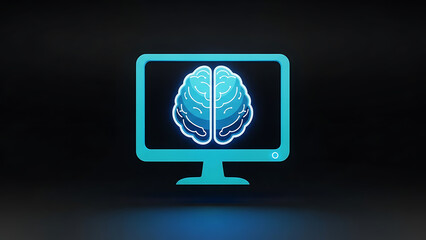 A glowing computer monitor displays a detailed illuminated rendering of the human brain hinting at digital neurology and cognitive science