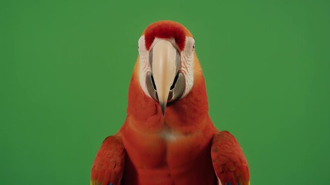 Close-up front view of a vibrant red scarlet macaw parrot with a white beak against a green screen background, looking directly at the camera.