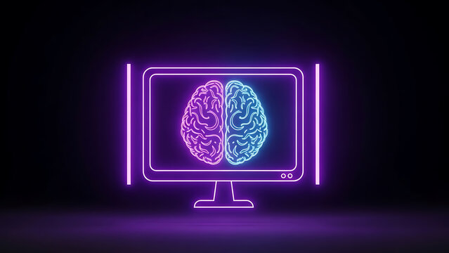 A glowing digital display presents a neon brain illustration showcasing the intersection of technology and neurological processes in a futuristic - Powered by Adobe