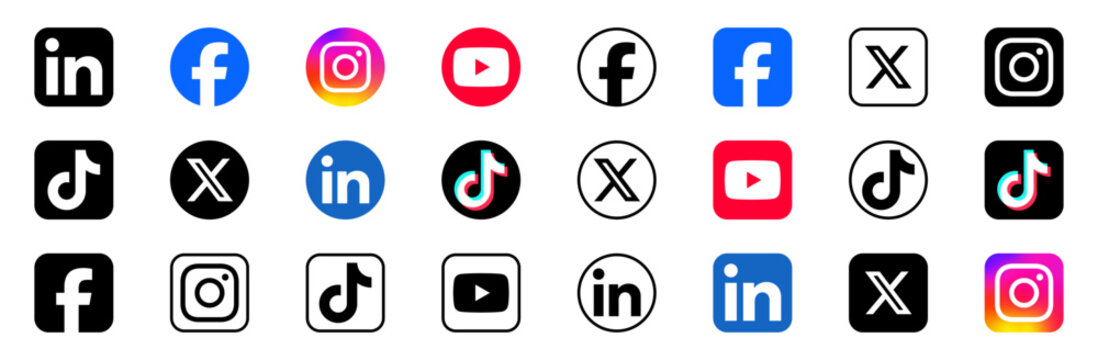 social media icon set or social network logos , tiktok, youtube, instagram, linkedin, facebook, x, social media, networking apps. vector icons. sign up with social media apps