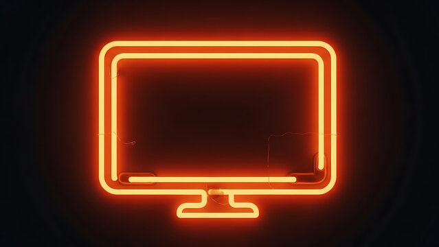 A vibrant neon sign depicting a classic computer monitor with a glowing orange outline on a dark background
