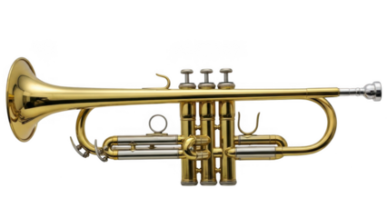 Gold trumpet viewed from side isolated on transparent background
