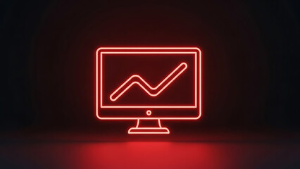 A glowing neon outline depicts a computer monitor displaying a rising graph signifying data analysis and performance tracking