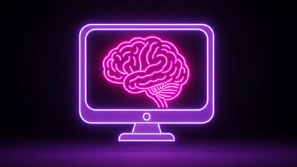 A vibrant neon pink illustration depicts a computer monitor displaying a glowing human brain symbolizing artificial intelligence and cognition