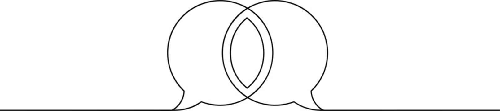 Minimalist black line art illustration featuring two overlapping speech bubbles on a continuous horizontal line for communication.
