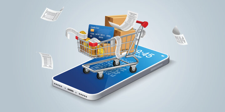 Online Shopping and Mobile Payment Concept with Smartphone Shopping Cart, Credit Card, QR Code, Receipts and Delivery Boxes for E-commerce, Fintech, Digital Wallet, Cashless Transaction and Online