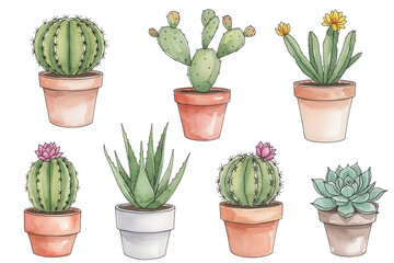 Hand painted watercolor cacti and succulents set in pots, cutout