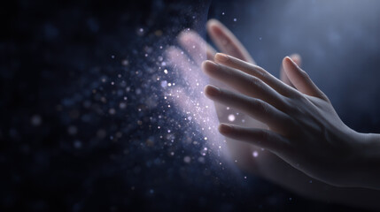 Digital literacy concept with human hand touching glowing particles in dark space creating magical effect