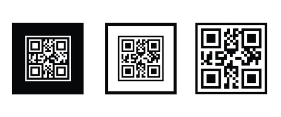 Fototapeta premium Three bold black square frames, each containing a classic black and white QR code pattern. Clean, minimalist vector design arranged horizontally on transparent background. Ideal for tech branding.