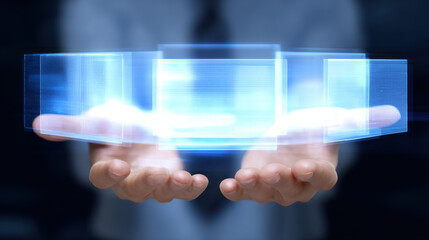 Digital literacy concept with glowing virtual interface and hands holding futuristic technology