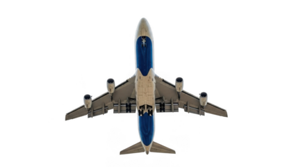 Large blue airplane flying high isolated on transparent background