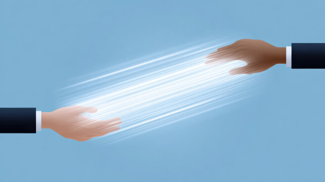 Digital connection and literacy concept showing two hands exchanging glowing data in smooth blue background - Powered by Adobe