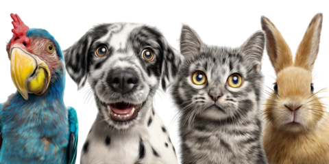 Happy parrot, puppy, cat, and rabbit pets, isolated on white background, png