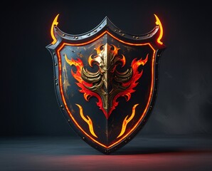 Vintage heraldic shield emblem with gold wings and crossed swords featuring an ornate crown crest and decorative ribbon banner in a vector illustration design