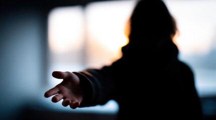 Digital literacy concept showing blurred person reaching out hand in dark room with soft natural light creating mysterious mood